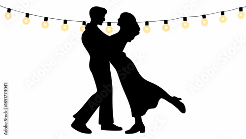 Silhouette of a couple dancing under a string of lights creating a romantic and festive atmosphere scene