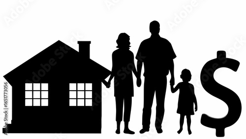 Silhouette of a house next to a family of three holding hands and a large dollar sign representing cost