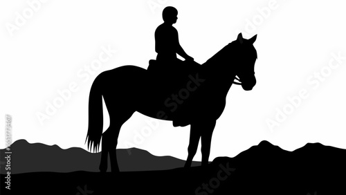 Silhouette of a person riding a horse standing on a hill against a white background in black and white