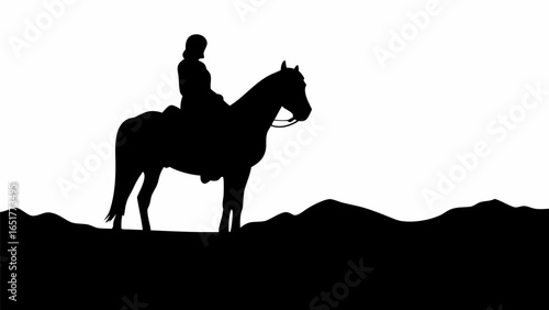 Silhouette of a person riding a horse standing on a hill against a white background in monochrome style
