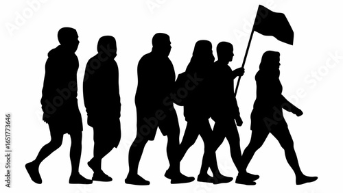 Silhouette of a group of people walking together with one person holding a flag on a white background