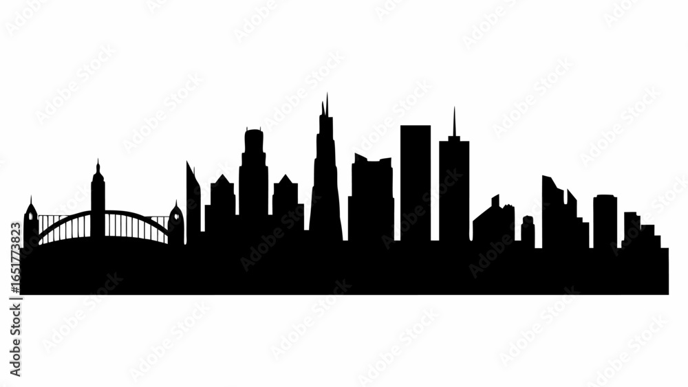 Naklejka premium Silhouette of a city skyline with various buildings and a bridge against a white background in black color