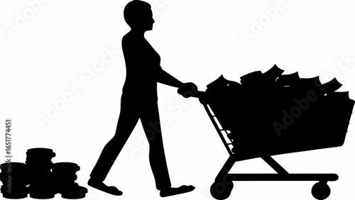 Silhouette of woman pushing a shopping cart filled with money and coins on the ground near her feet