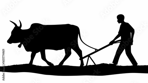 Silhouette of a farmer plowing a field with an ox in a traditional agricultural setting in black and white