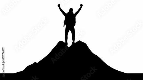 Silhouette of a triumphant hiker with backpack raising arms on a mountain peak in black and white view