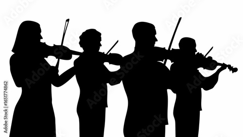 Silhouette of a string quartet performing with violins and bows in a musical ensemble setting on stage