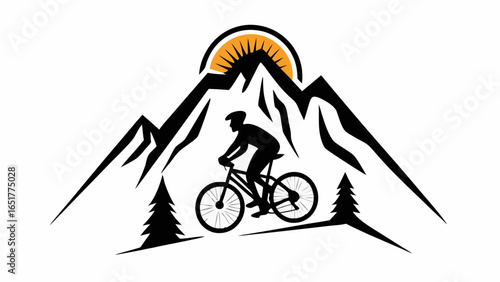 Silhouette of a mountain biker riding in front of mountains and a rising sun with pine trees scenery