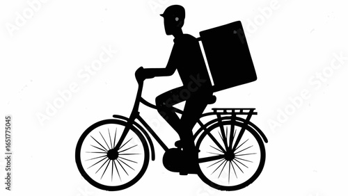 Silhouette of a delivery person on a bicycle with a box on the back against a white background