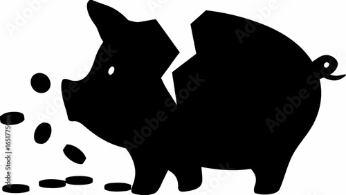 Black silhouette of a broken piggy bank with coins falling out symbolizing financial loss and savings depletion