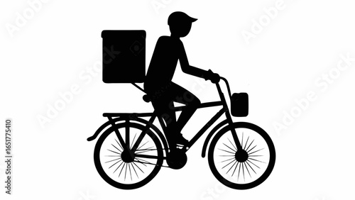 Silhouette of a delivery person on a bicycle with a box and front basket is shown in the image here