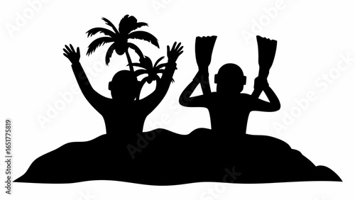 Silhouette of two people on a small island with palm trees one holding flippers in black and white art