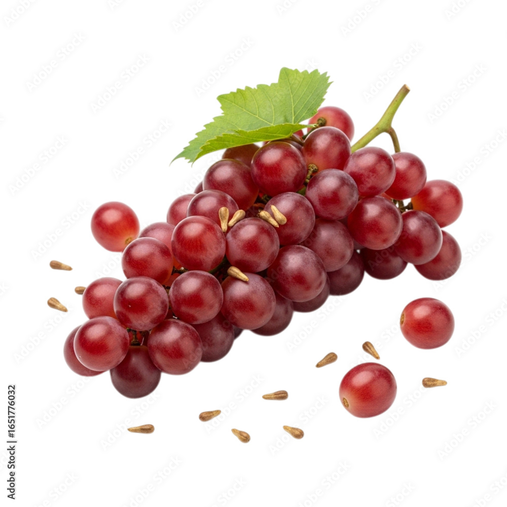 Fototapeta premium Fresh ripe red grapes with green leaf isolated on transparent background