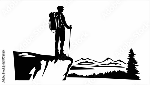 Silhouette of a hiker with backpack and trekking pole standing on a cliff overlooking a scenic landscape