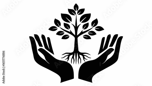 Black and white illustration of a tree with leaves and roots being held in two hands with fingers extended silhouette