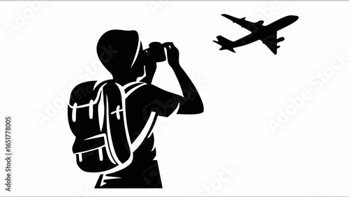 Silhouette of a traveler with a backpack photographing a plane in flight against a white background