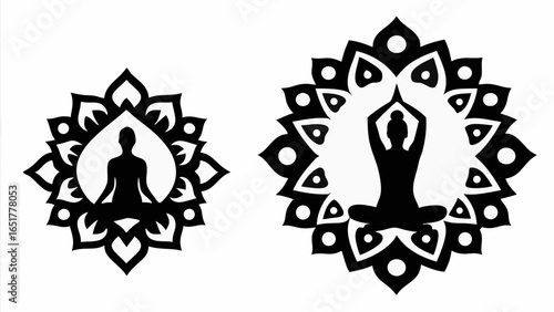 Two yoga poses in lotus position silhouette within decorative floral mandala shapes in black and white