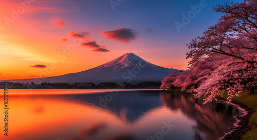 Breathtaking view of Mount Fuji with blooming cherry blossoms at sunrise, reflected in the serene waters of a Japanese lake.