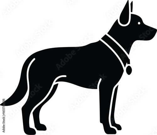 Black silhouette of a standing dog with a collar isolated on transparent background silhouette