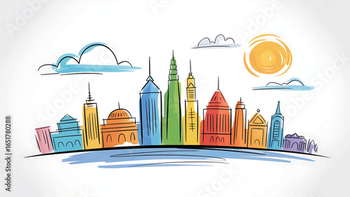 Colorful hand drawn city skyline with sun and clouds