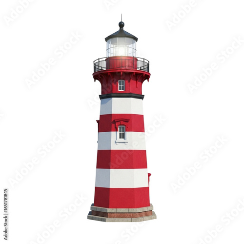 Classic red and white striped lighthouse with lantern room isolated on transparent background
