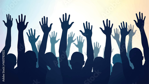Crowd of silhouetted people raising hands in agreement