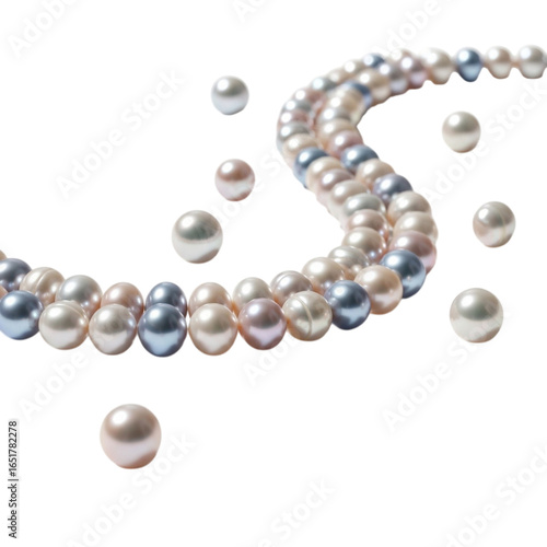 Elegant strand of iridescent pearls with scattered pearls isolated on transparent background