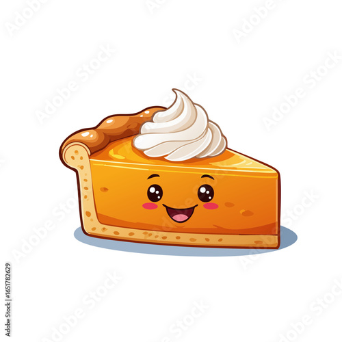 Cute cartoon vector style illustration of a slice of pumpkin pie with whipped cream and a happy face