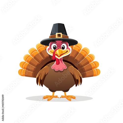 Cute cartoon vector style illustration of a smiling Thanksgiving turkey wearing a pilgrim hat