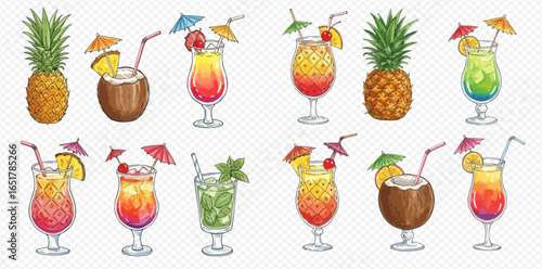 A vibrant illustrated set of tropical summer cocktails in glasses and coconuts, garnished with fruit and umbrellas.