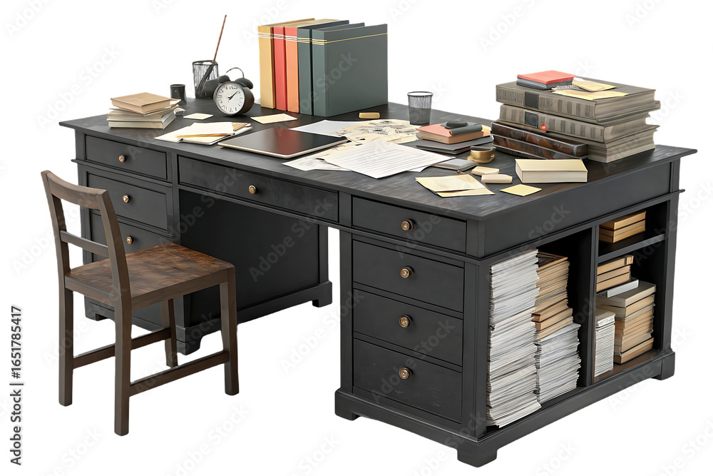 Fototapeta premium Colorful ring binders stacked with loose papers and documents secured with dark green elastic bands on top, isolated on a transparent background