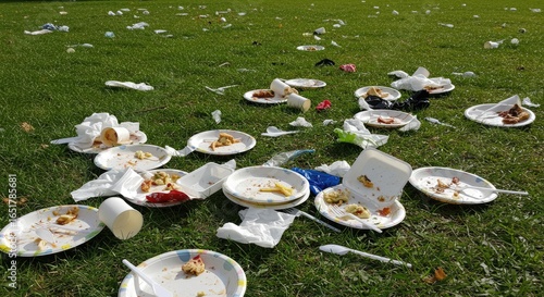 Littered Picnic: Discarded Plates, Cups, and Trash on Green Grass.