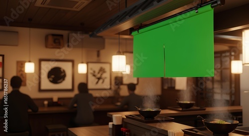 Interior of a traditional Japanese ramen restaurant with a green screen noren curtain mockup for custom design