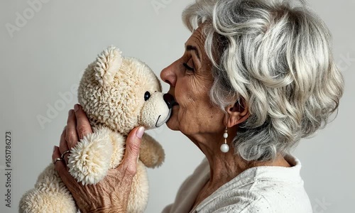 Side View Old Woman and Teddy Bear