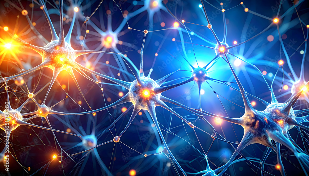 Fototapeta premium Abstract Neural Network Visualization With Glowing Orange And Blue Tones Interconnected Structures Displaying Neurological Activity