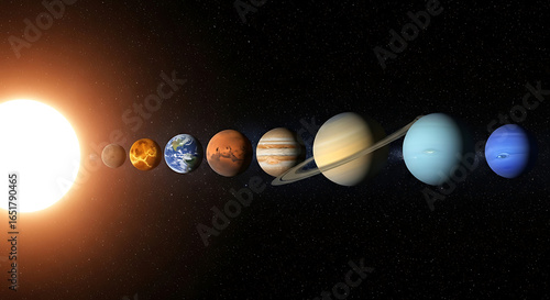 A detailed illustration of our solar system showing all eight planets aligned in order from the Sun against a starry cosmic background.