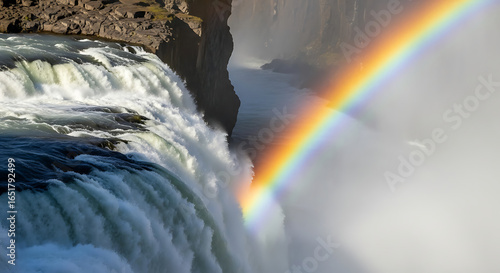 A beautiful and vivid rainbow appears in the misty spray of a massive, powerful waterfall cascading into a canyon.