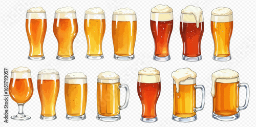 An illustrated collection of various beer glasses and mugs filled with light and dark craft beer with a foamy head.