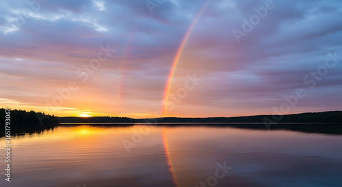 Stunning sunrise with a colorful rainbow and its reflection on the calm water of a forest lake.