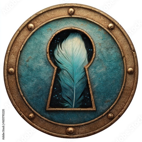 Keyhole medallion showing a blue feather against a dark starry background