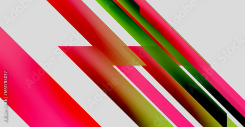 Abstract composition featuring diagonal lines. Vivid reds, greens, whites create dynamic visual effect. Minimalist design, modern aesthetic.