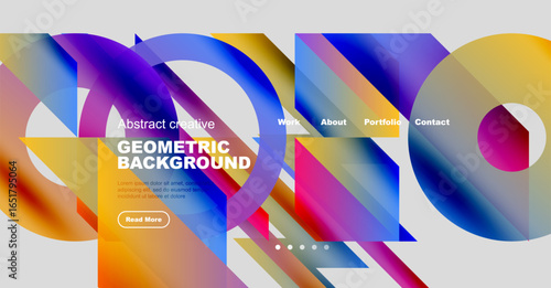 Colorful abstract design. Geometric shapes overlap creating vibrant visual experience. Website header with navigation options present.