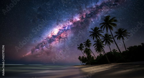 Stunning night sky with the colorful Milky Way galaxy arching over a serene tropical beach with silhouetted palm trees