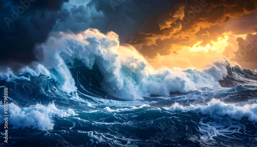 Dramatic Ocean Waves Crashing Under A Stormy Sky Showing Powerful Water Motion With Golden Sunset Lighting