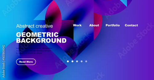 Abstract design features vibrant blue, purple shapes. Text includes work, about, portfolio, contact options. Button reads Read More.