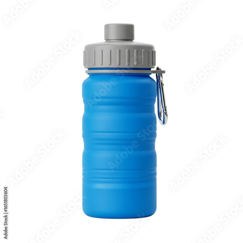 Collapsible blue silicone water bottle with grey lid and carabiner isolated on transparent background