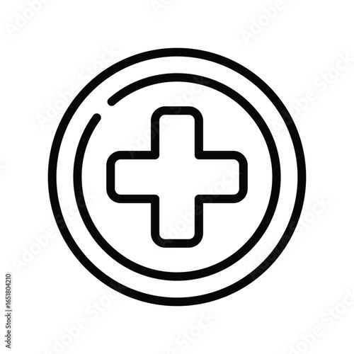 A bold outline shows a plus symbol centered within two concentric circles, web icons in line style. Editable stroke