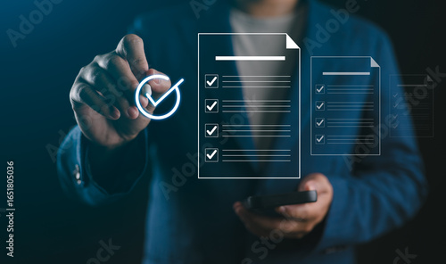 Photos Accountant showing office document auditing concept, plan review process and assess correctness, Management of important document storage of organization, accountant Audit documents, document system