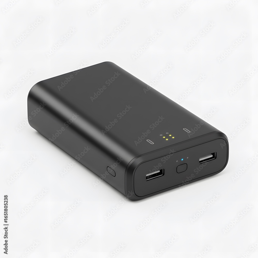 Sleek Black Power Bank with Illuminated Charge Indicators on White Background Sleek Black Power Bank with Illuminated Charge Indicators on White Background