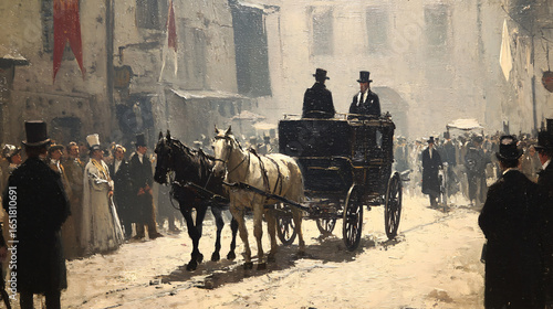 Horse Carriage Wedding City Street Historic Nostalgia People Elegant Formal Clothing Celebration Tradition Vintage Urban Scene Lively Crowd Heritage Architecture Culture Event Classic Style