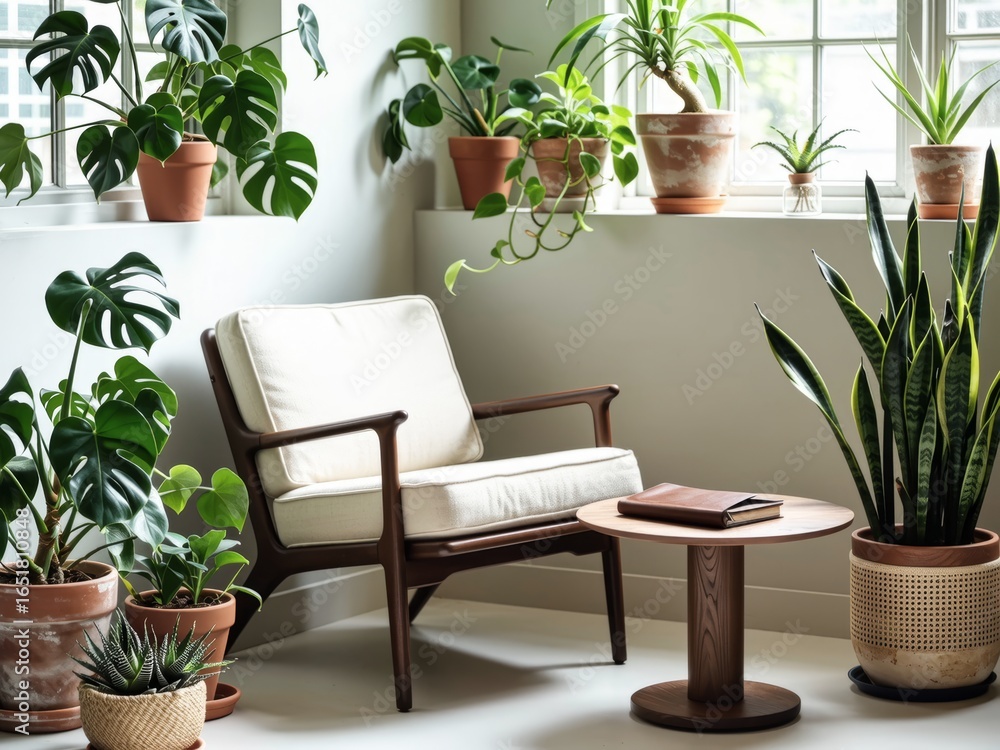 Fototapeta premium plant corner with lounge chair and closed journal